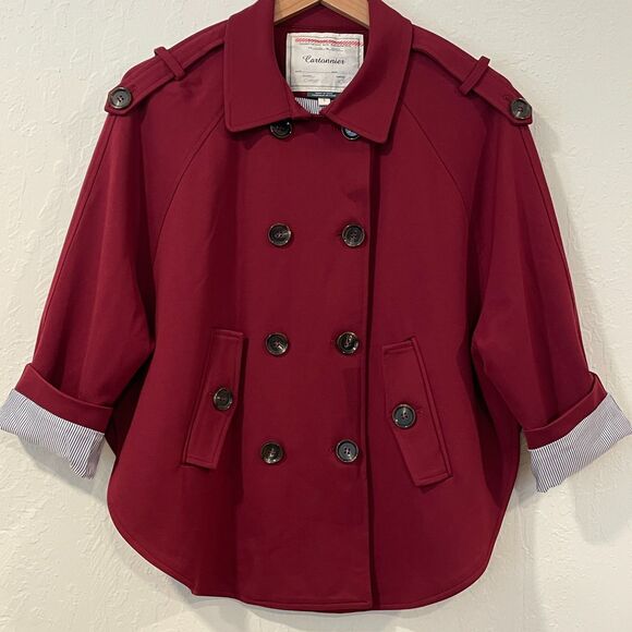 ~ Cartonnier Lg Anthropologie Blazer Cape Wine Double Breasted Buttons Pockets - Picture 1 of 15